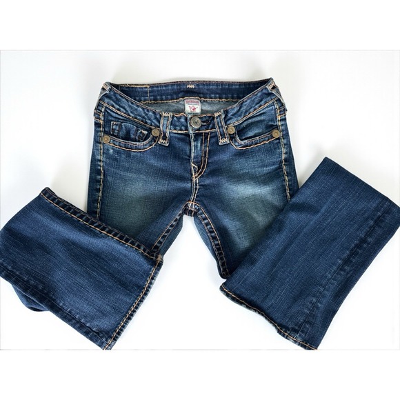 VTG True Religion Womens Y2K Thick Stitch Flare Jeans Low Rise Denim 2000s Sz 28 - Picture 1 of 8